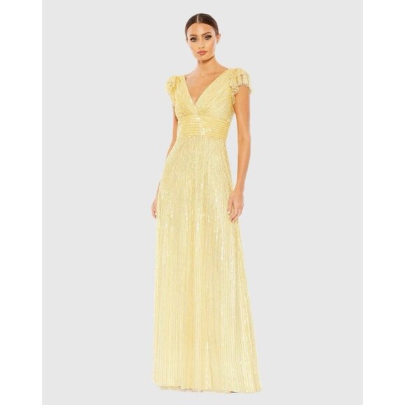Mac Duggal Size 18 Yellow Beaded Sequins Flutter Sleeve A Line Gown Dress $538 - Picture 1 of 9